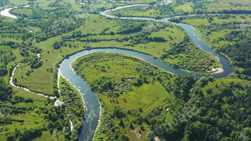 Preview: Aerial View Green Forest Woods And River Landscape In Sunny Summer Day. Top View Of Beautiful