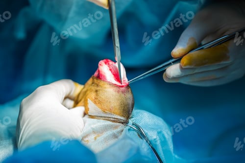 Preview: veterinary clinic. Surgery dog's leg. the doctor pulls out the piece of bone with forceps.