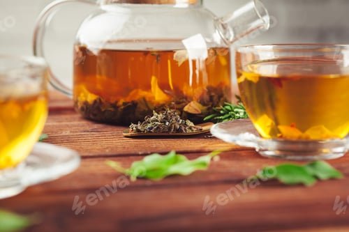 Preview: glass teapot with cup of black tea on wooden table