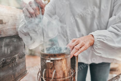 Preview: Hands, smoker fire and beekeeper on farm mix and refueling with tool. Safety, beekeeping and worker