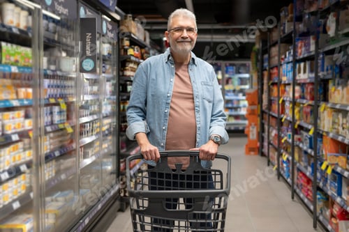 Preview: Smiling senior man pushing a cart down a brightly lit grocery store aisle
