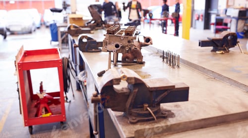 Preview: Engine Block On Workbench In Garage Waiting To Be Worked On