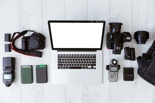 Preview: Hipster freelance photography equipment. Laptop with blank screen