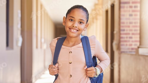 Preview: Happy, school girl and portrait smile with backpack for learning, education or childhood developmen