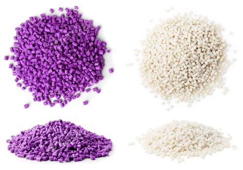 Preview: Plastic granules in different colors, top and side view. Piles on white background, set