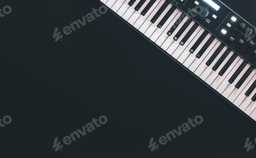 Preview: Piano keys, synthesizer on a black background, flat lay.