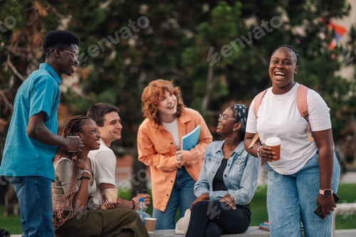 Preview: Happy interracial academic friends having fun on coffee break at campus