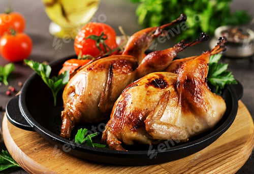 Preview: Baked quails in pan on a dark background