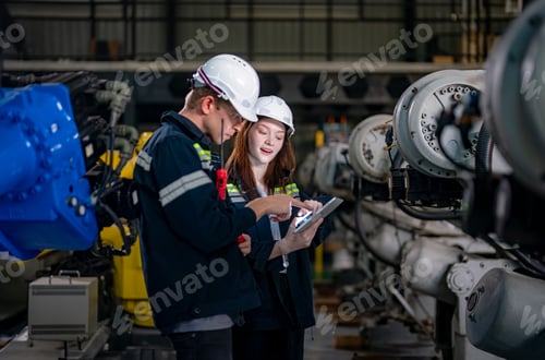 Preview: Indusrtial Robot, Engineers inspecting and check up welding robots at factory.