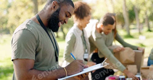 Preview: Happy people, volunteer and writing with clipboard for checklist on food, stock or supplies in char