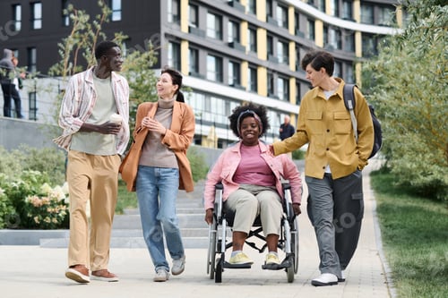 Preview: Woman with disability walking with her friends outdoors