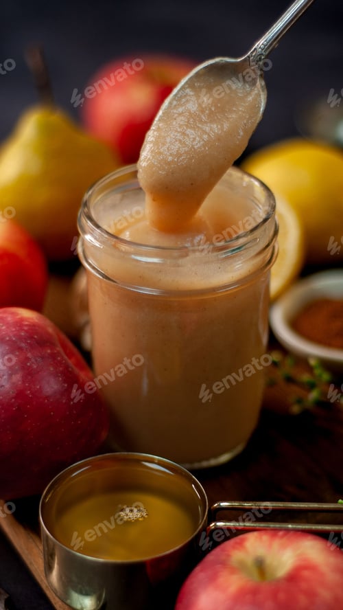 Preview: A vertical shot of a fruit sauce surrounded by verity of fruits