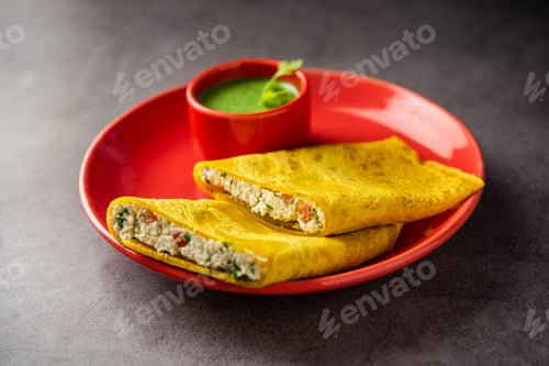 Preview: Paneer stuffed Besan chilla or Cheela made using chickpea flour with cottage cheese stuffing