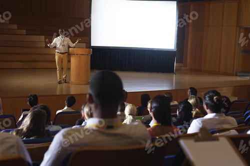 Preview: Front view of matured African-American businessman standing and giving presentation in auditorium