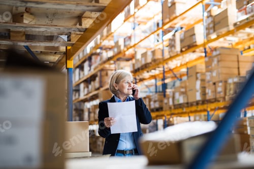 Preview: Senior woman warehouse manager or supervisor with smartphone making a phone call.