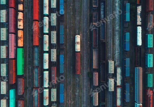 Preview: Aerial view of colorful freight trains