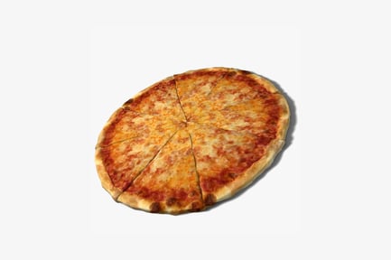 Preview: Circular pizza with six graduated slices and melted cheese
