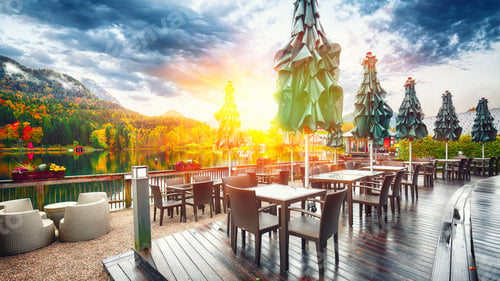 Preview: Autumn scene at small restaurant in Grundlsee lake