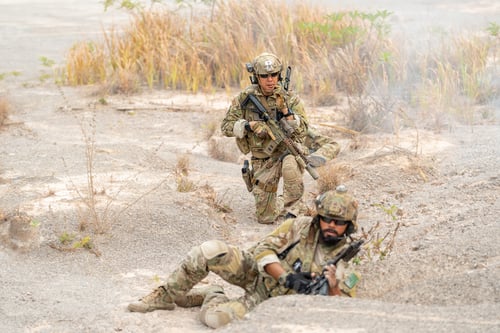 Preview: One of soldier or military lie down and look at camera and the other one sit in position of fight