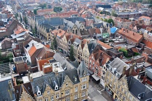 Preview: Aerial shot of a road between houses in Ypres, Belgium