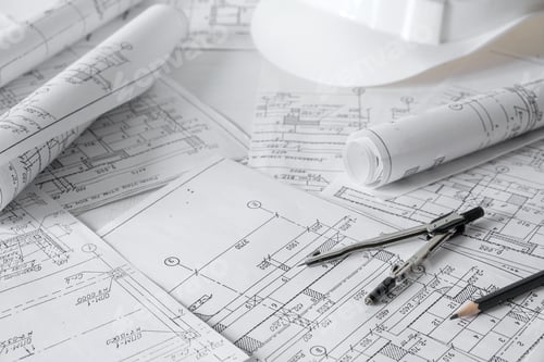 Preview: architect design working drawing sketch plans blueprints and making architectural construction model