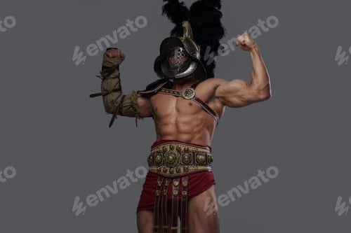 Preview: Determined gladiator with muscular body isolated on gray background