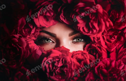 Preview: Macro woman eyes with vibrant make-up in roses flowers.Skin care, beauty concept