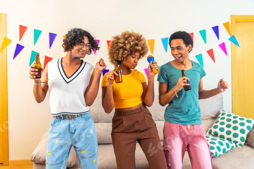Preview: Multi-ethnic friends singing karaoke and dancing at home