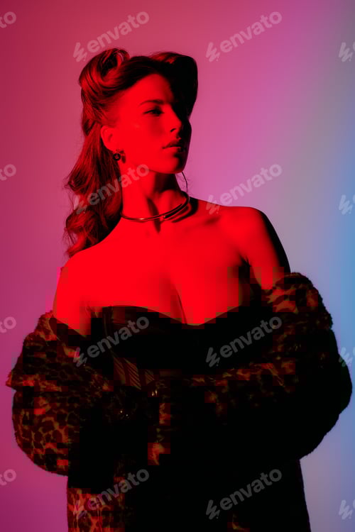 Preview: Stylish young woman exuding charm in striking attire against a vibrant backdrop