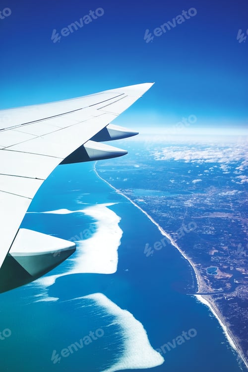 Preview: Aerial view of the aircraft wing and big waves in the ocean