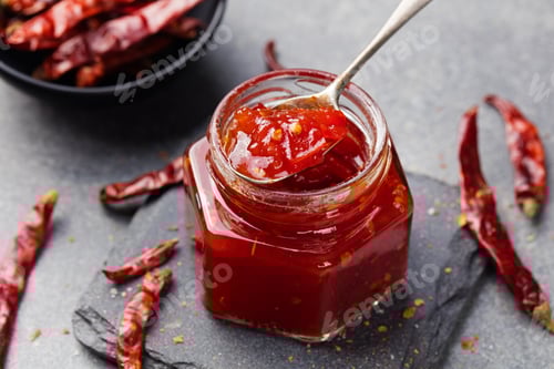 Preview: Tomato and chili sauce, jam, confiture in a glass jar on a grey stone background