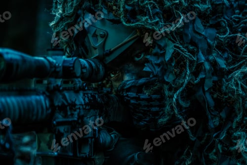 Camouflaged Adult Aiming a Rifle in Dark Wilderness
