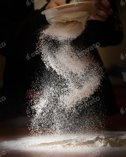 Preview: Flour pours beautifully on the table. Chef in the kitchen going to prepare dough