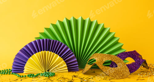 Preview: Mardi Gras side view celebration theme featuring glittered masks