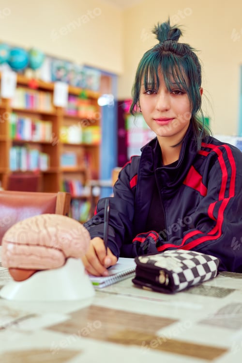 Preview: Teenage student studying human brain in library