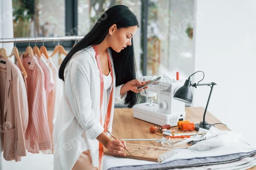 Preview: Working with precision. Seamstress is in her office that is with different clothes