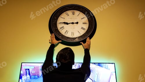 Preview: Silhouetted millennial from behind hangs a clock on the wall for time.