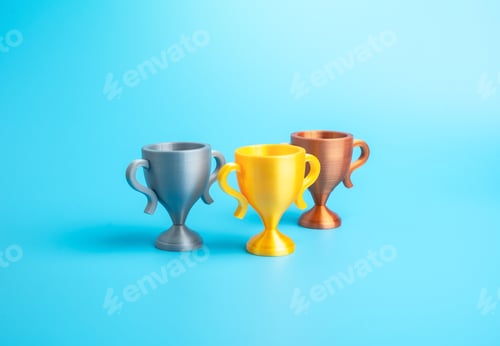 Preview: Winners' cups, gold, silver, and bronze. Winners at sporting events. Business achievements