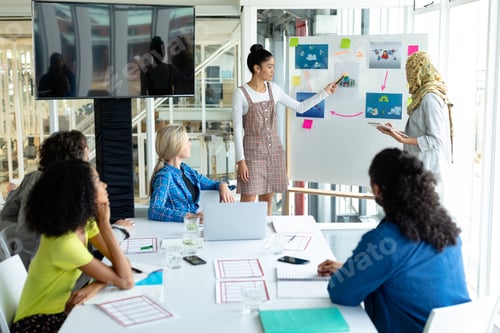 Preview: Mixed-race businesswoman giving presentation on flip chart during meeting