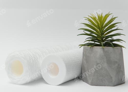 Preview: A glass of drink water and filter cartridges at white background