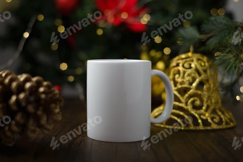 Preview: Mockup of coffee cup on table with christmas decoration. Coffee mug with christmas background.