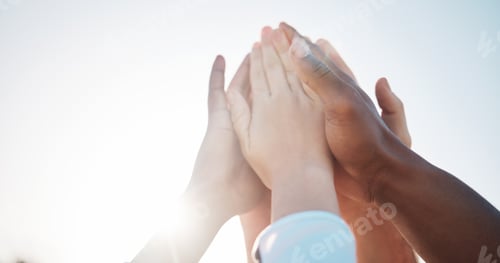 Preview: Hands, together and people with high five, huddle for support and solidarity in community with sun