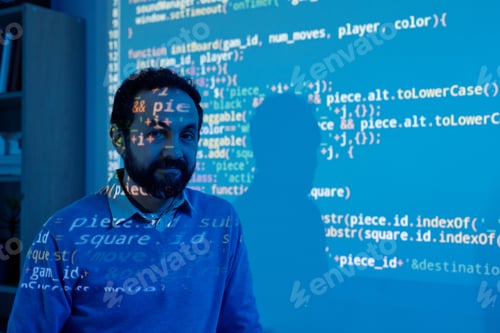Preview: Portrait of Man with Projected Programming Code on His Face