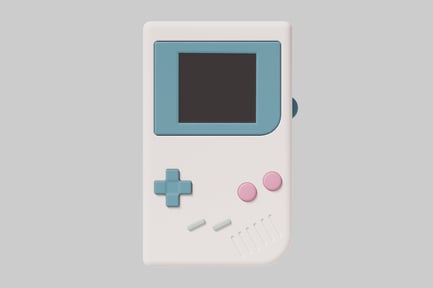 Preview: White handheld video game console with blue screen and pink buttons