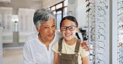 Preview: Child portrait, optometrist and choice of frame at clinic, prescription glasses and helping client.
