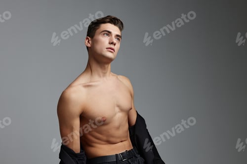 Preview: handsome man naked torso black shirt cuteness posing model