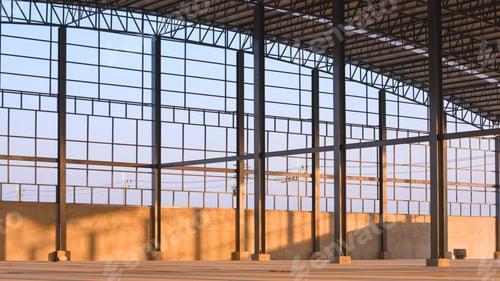 Preview: Steel wall framework with metal columns and curve roof inside of large industrial factory building