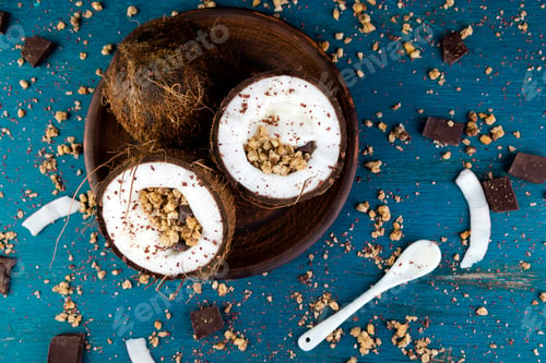Preview: Healthy breakfast in coconut bowl.