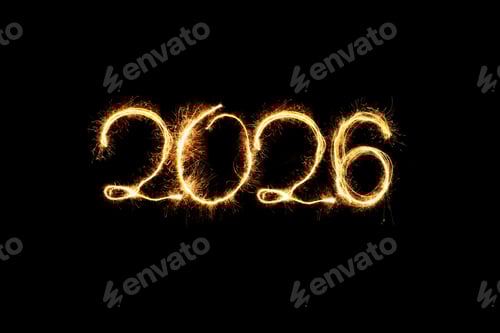 Visualização: Brilhante e cintilante “2026” escrito com luz dourada sobre fundo preto, simbolizando o Ano Novo