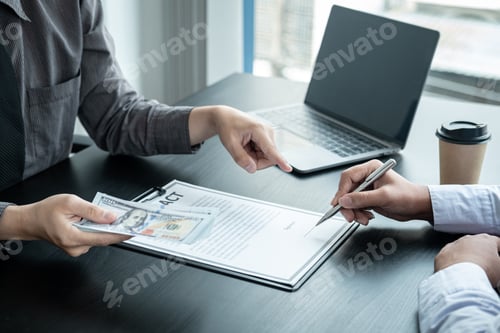 Preview: Contract Signing at Workplace with Money Exchange